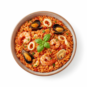 Reis Frutti di Mare brmit Meeresfrüchten, Tomatensauce und Knoblauch