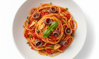 Spaghetti Capri mit Kapern Sardellen Peperoni frischem Knoblauch und Tomatensauce