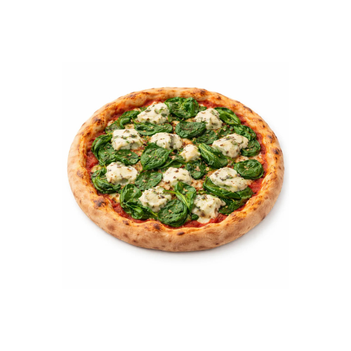 Pizza Spinachi Cremoso mit frischem Spinat, Tomatenstücken und veganem Käse