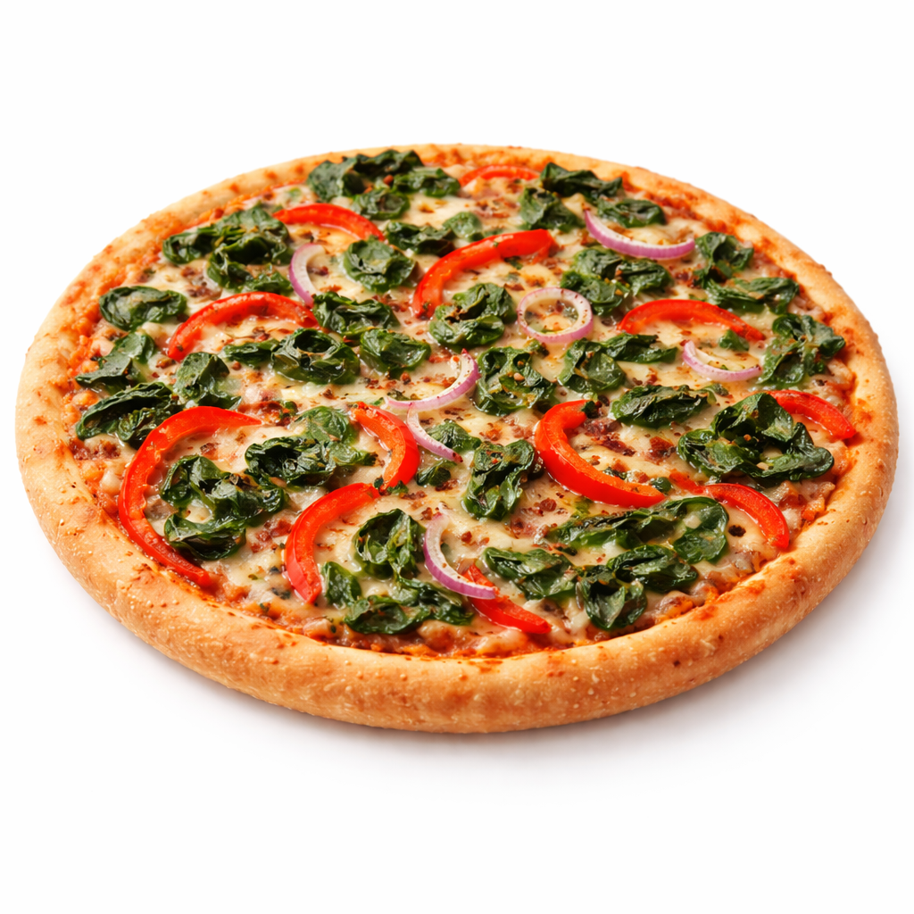 Pizza Italia <br>mit Spinat, Zwiebeln, Paprika und veganem Käse