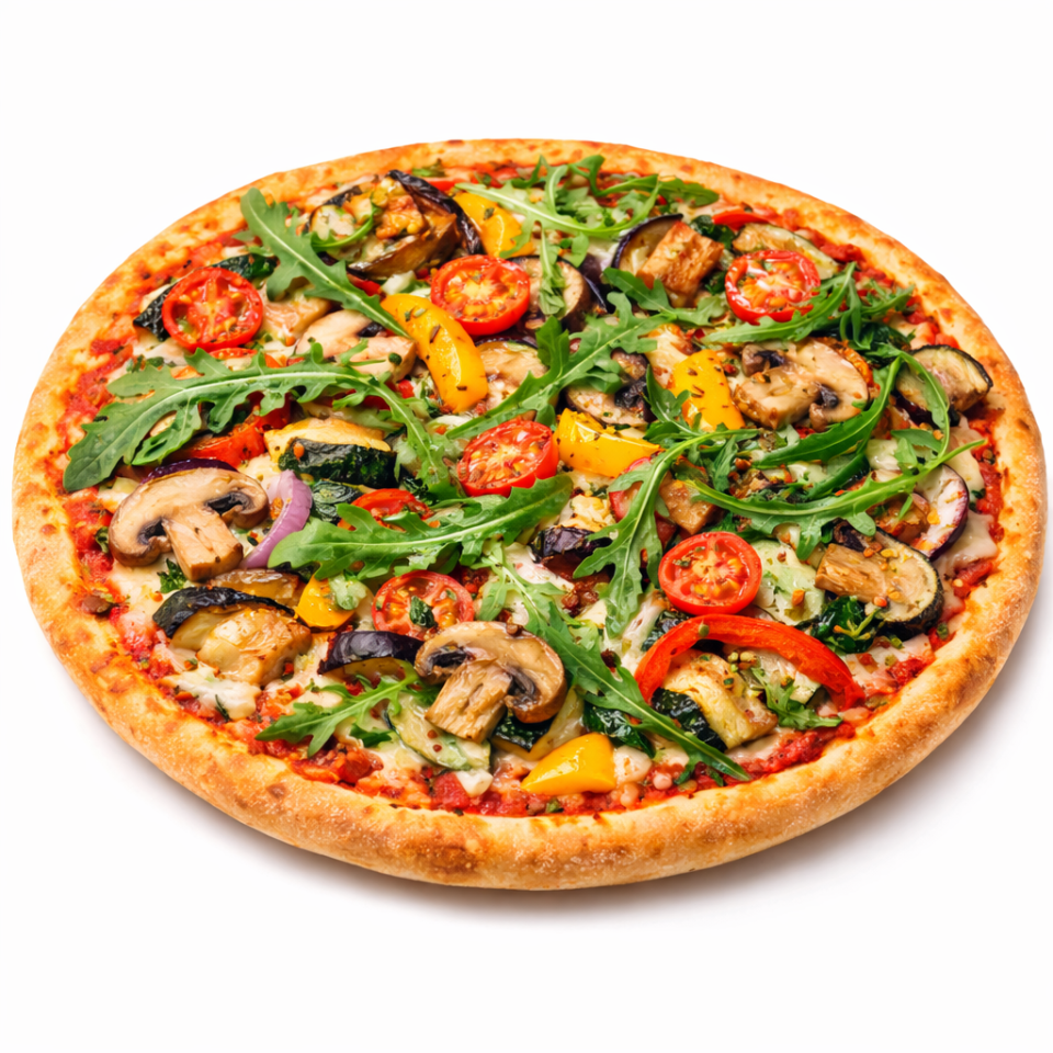 Pizza Primavegana Spezial mit gebratenem Gemüse, Rucola und veganem Käse