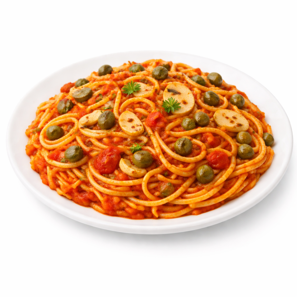 Vegan spaghetti Capri on white plate